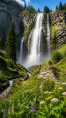 towering waterfall cascading down a cliff