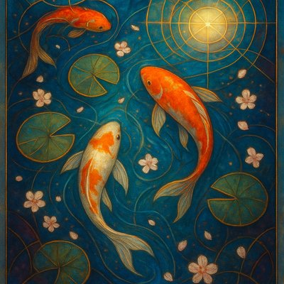 A koi pond seen from above, orange and white koi fish swimming among lily pads, clear water with subtle ripples, fallen cherry blossom petals floating on the surface, dappled sunlight