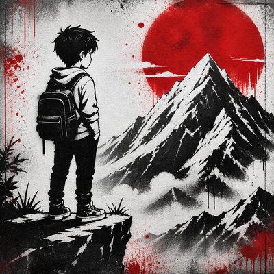A boy standing near a mountain,  high contrast stencil street artwork, bold black-and-white shapes, red accent colors, spray-paint texture, urban mural appearance, dramatic graphic composition