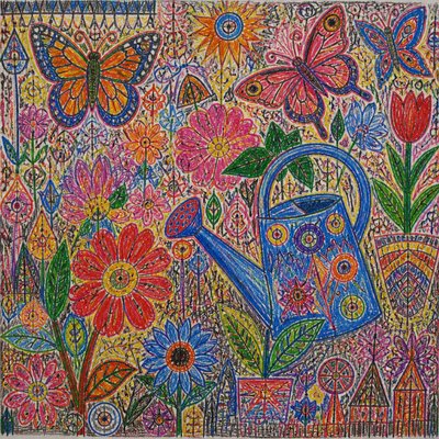 a garden scene with butterflies, flowers and a watering can, clean uncolored line art, no text