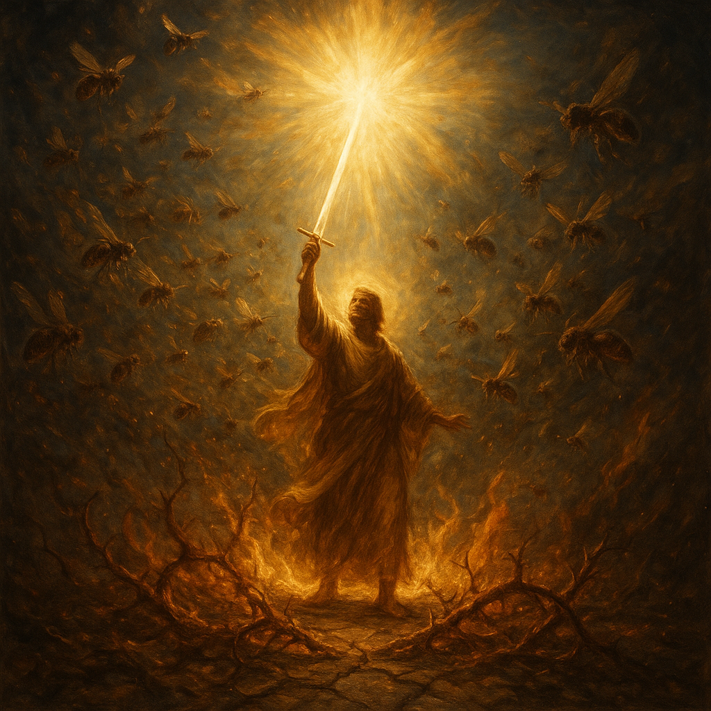 A vivid, dramatic scene depicting a lone figure standing resiliently in the center of a swirling swarm of bees, their forms illuminated by a fiery glow as thorns around them burn brightly, then fade into ash. The figure, clad in simple yet radiant robes, holds a shining sword raised triumphantly, symbolizing divine strength and victory. Behind them, a radiant light bursts forth, representing the presence of the Lord, with beams breaking through a stormy sky. The ground beneath the figure is cracked but stable, showing they were pushed but did not fall. The atmosphere is intense yet hopeful, with a harmonious blend of danger and divine protection, capturing the essence of Psalm 118:12-14--strength, salvation, and triumph through faith. The color palette includes fiery oranges, deep golds, and cool blues to contrast the chaos with divine peace. Ultra-realistic, slightly surreal. Extreme detail.
