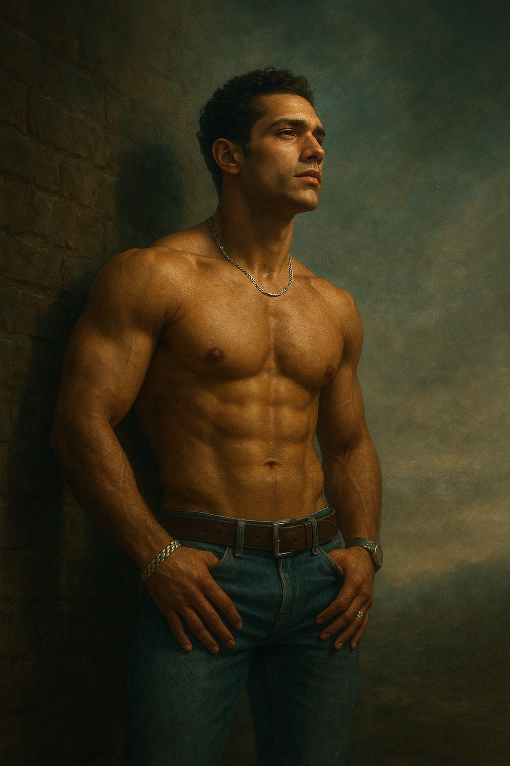 a painting of a shirtless man standing in front of a brick wall