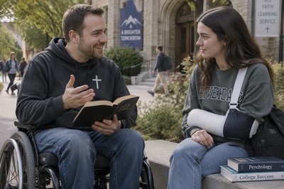 a handicapped Christian in a wheelchair cheerfully witnesses the Gospel to a student who has a broken arm in a cast