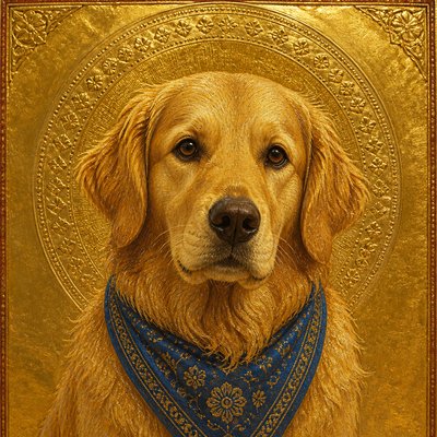 portrait of a golden retriever wearing a blue bandana, warm plain backdrop, no text