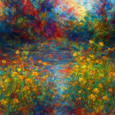 a painting of a river surrounded by trees and flowers