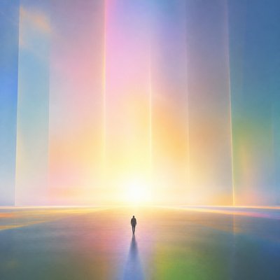 a solitary figure walking toward a glowing horizon across an empty plain, moody atmosphere, no text or lettering