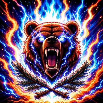 a roaring bear head above crossed pine branches, bold graphic composition on a plain background, no text