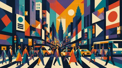 bustling city street panorama at dusk