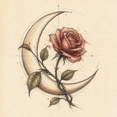 a rose entwined with a crescent moon, clean balanced composition on a plain background, no text