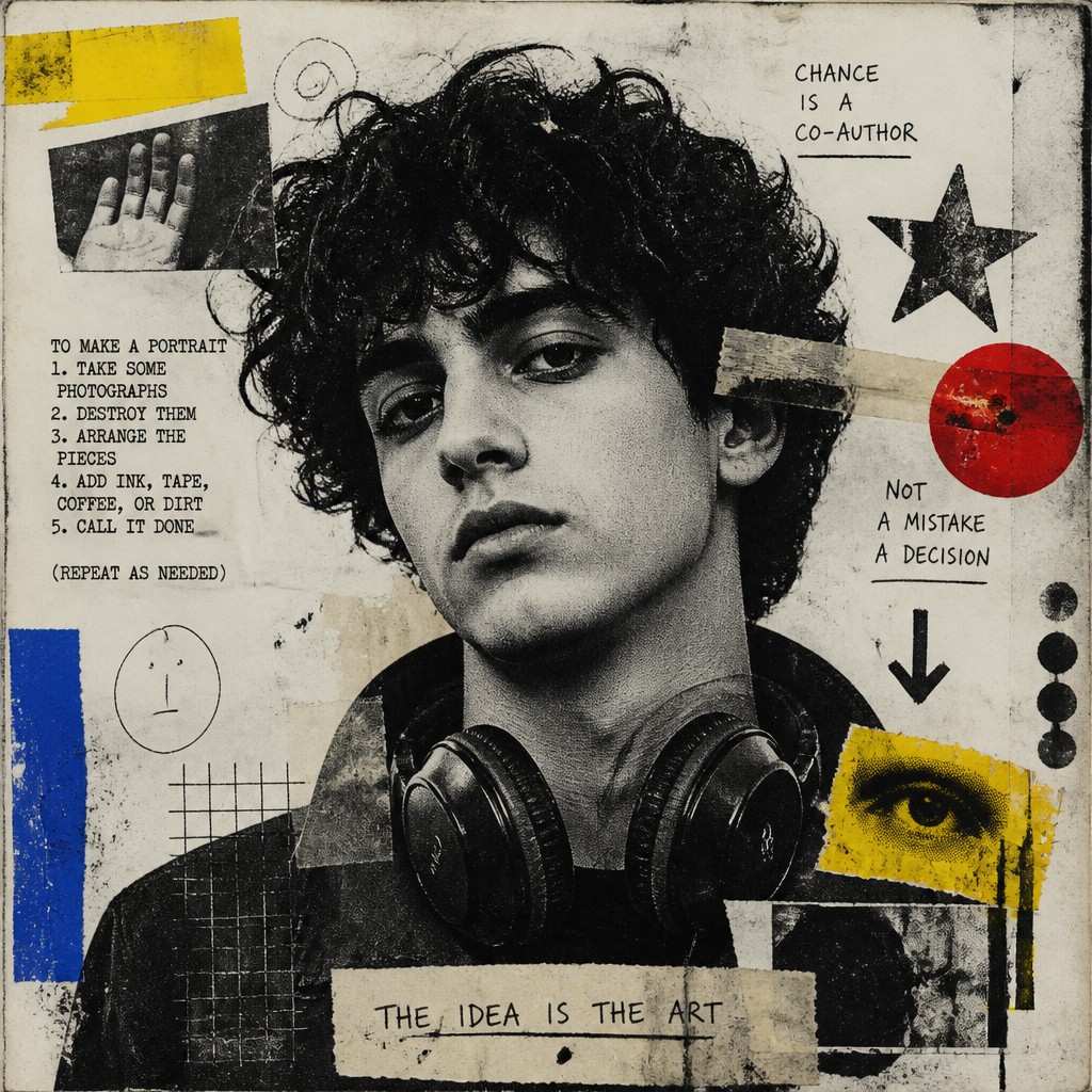 head-and-shoulders portrait of an original character: a young man with curly dark hair and headphones around his neck, plain backdrop, no text