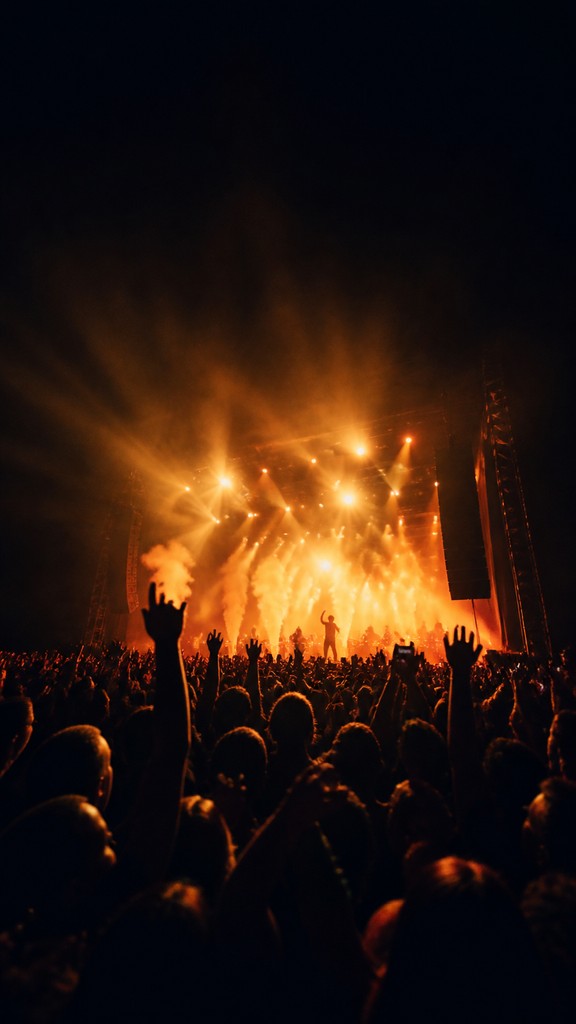 a live music scene with a glowing stage and silhouetted crowd, energetic vertical composition with open space at the top, no text