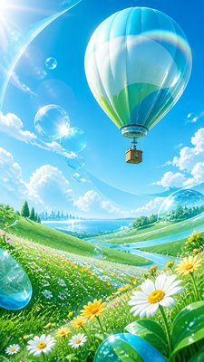 a hot air balloon drifting over rolling flower fields on a sunny day, cheerful, no text
