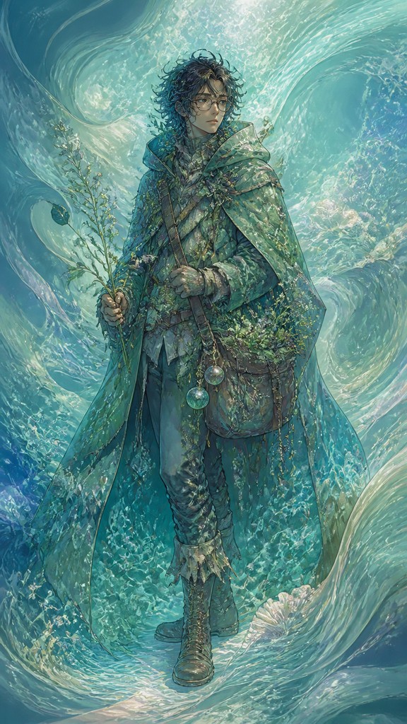 full-body original character: a wandering botanist with a satchel of plants, a patched green cloak, tall boots and round glasses, neutral background