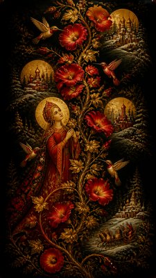 a climbing vine of flowers and hummingbirds on a dark background, tall wrapping composition, no text