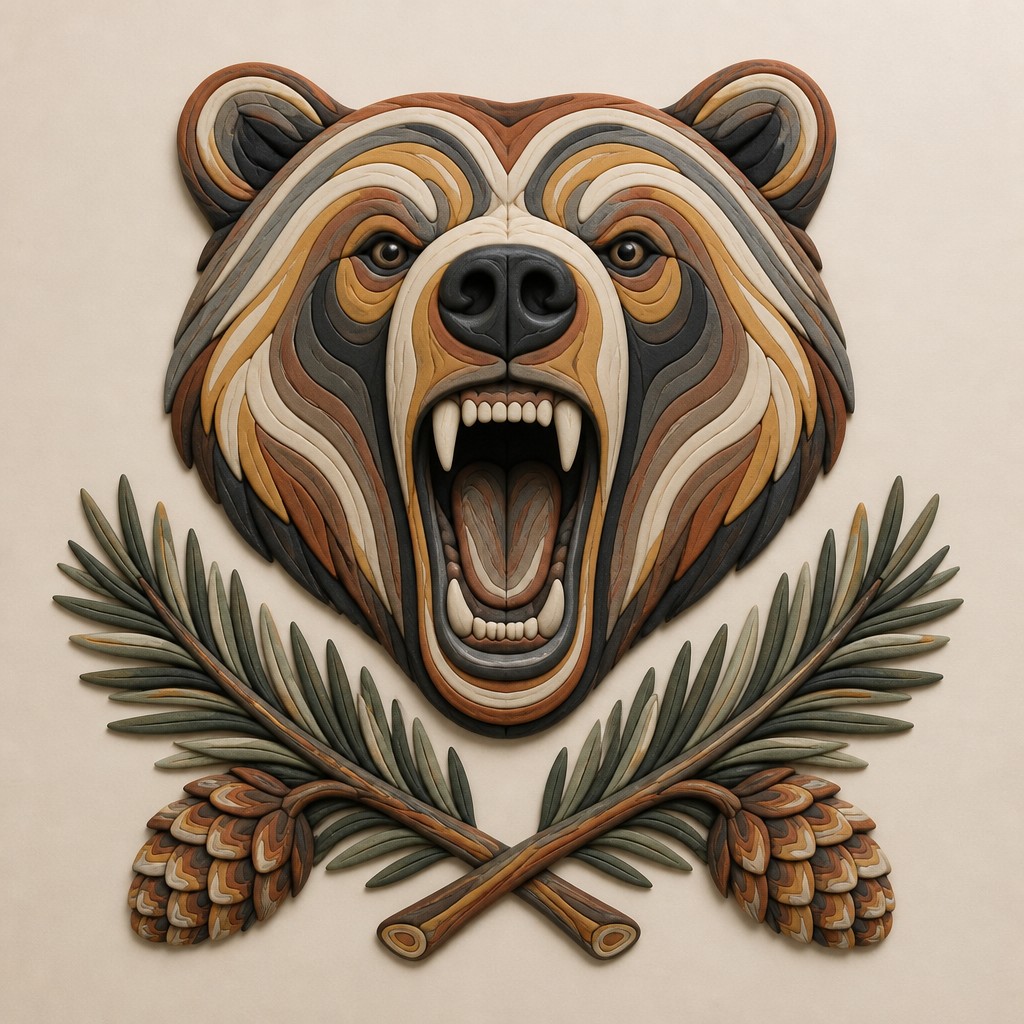 a roaring bear head above crossed pine branches, bold graphic composition on a plain background, no text