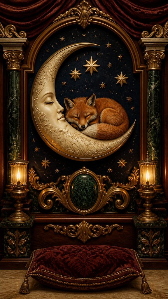a sleeping baby fox curled on a crescent moon among soft stars, gentle and warm, no text