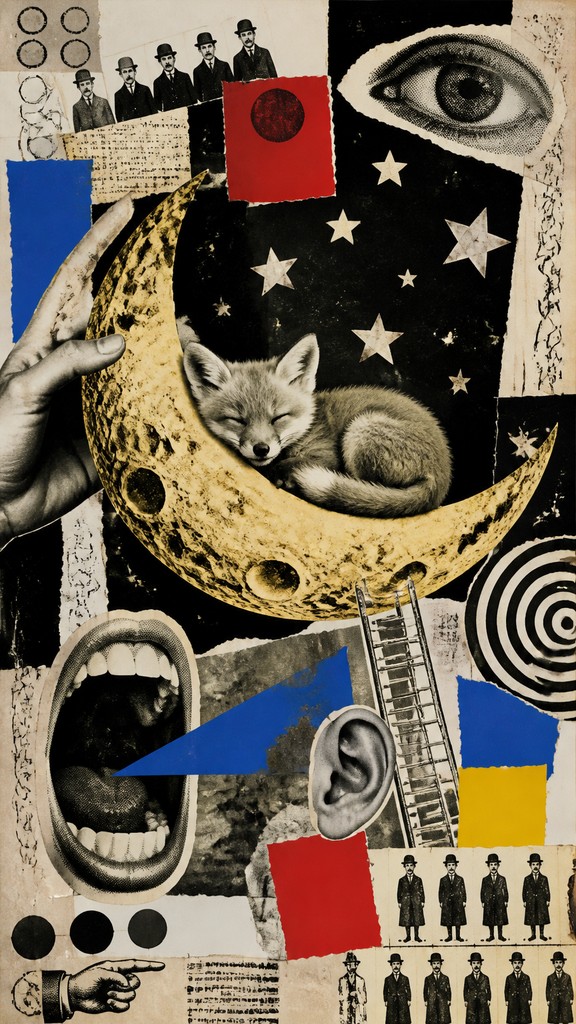 a sleeping baby fox curled on a crescent moon among soft stars, gentle and warm, no text