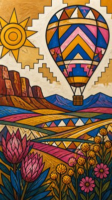 a hot air balloon drifting over rolling flower fields on a sunny day, cheerful, no text