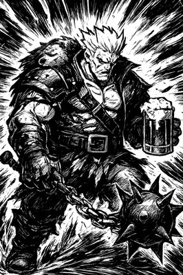 a black and white drawing of a man holding a beer