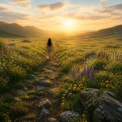 a solitary figure walking toward a glowing horizon across an empty plain, moody atmosphere, no text or lettering