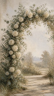 an arch of white roses and eucalyptus in soft morning light, elegant vertical composition with open space, no text