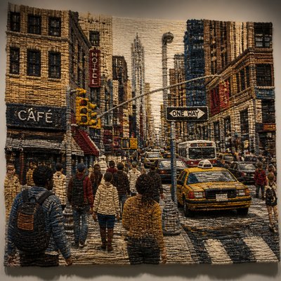 urban street with city activity — Fiber Art Style