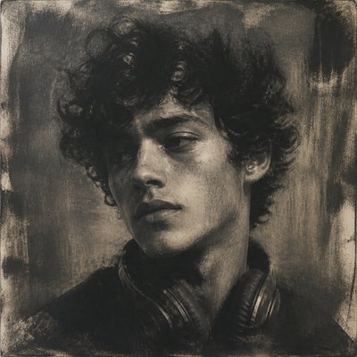 head-and-shoulders portrait of an original character: a young man with curly dark hair and headphones around his neck, plain backdrop, no text