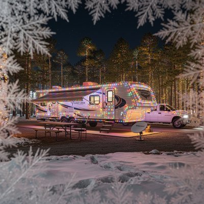 A night-time wide shot of a 33ft Sunset Creek bumper-pull travel trailer parked at a Texas campsite. Next to it, a white 2002 Dodge Ram 2500 pickup truck is parked in the gravel drive. Both the trailer and the truck are draped in an extreme, "off the charts" amount of glowing multi-colored Christmas lights. In the background, tall long-needle pine trees are also wrapped in twinkling lights. A wooden picnic table and a small Starlink Mini dish are visible on the campsite ground. Clear night sky, warm southern atmosphere, no snow, ultra-detailed, cinematic lighting, 8k resolution.