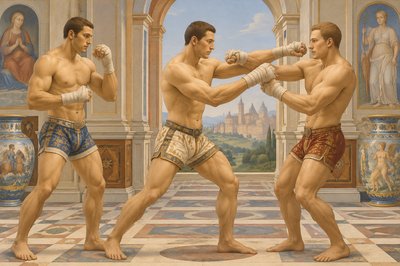 a painting of two men fighting each other