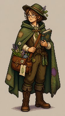 full-body original character: a wandering botanist with a satchel of plants, a patched green cloak, tall boots and round glasses, neutral background