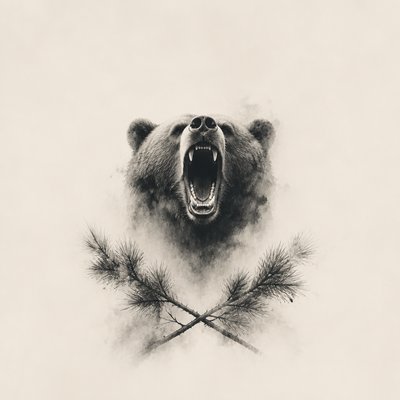 a roaring bear head above crossed pine branches, bold graphic composition on a plain background, no text