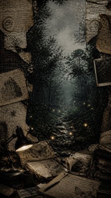 a mysterious forest path with fireflies and drifting mist, atmospheric vertical composition with open space at the top, no text