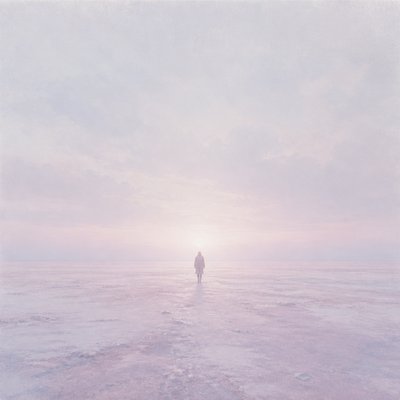 a solitary figure walking toward a glowing horizon across an empty plain, moody atmosphere, no text or lettering