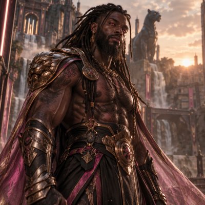 Je veux que tu me fasses un guerrier, tres modern avec une armure moderne genre full rose noir argenté sombre et voileen soie transparent mais juste un peu si besoin mais il a une armure en or plutot mastock genre le voile c’est juste histoire de rajouter du tissu sans manche ni haut  in voit ses muscle et il a une barbe et des cheveux locks  il est hot et poilu pour le realisme il est brun  et a des yeux rose orangé brillant brillant, on dirait presque un dieu de l’ afrique ancien avec l’ethnie noir