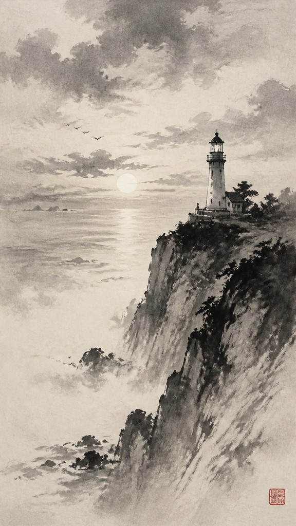 a lone lighthouse on a cliff at dusk under a dramatic sky, no text or lettering