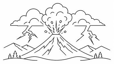 an erupting volcano with lightning strikes, dramatic wide composition, no text