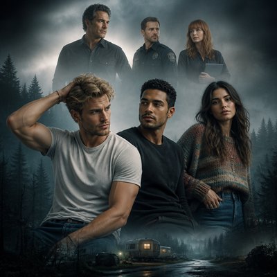 Ok tu me fait 7 personnages de roman , on va commencer avec un homme dans la trentaine tres beau il est blond, il passe sa main dans ses cheveux, on voit le biceps il est en T-shirt avec un jean à côté de lui, il se trouve un autre mec métisse hyper séduisant a sa gauche , lui aussi décontracté. Ensuite, je veux qu’à droite tu me dessines une femme dans la vingtaine, très magnifique aussi brune, habillé un peu en mode pull color jean elle a genre un collier etc. Tres yong adulte en hauteur derrière eux. Donc pas vraiment genre sur le sol, c’est plus une image de tous les persos comme un roman un policier dans les 30 ans, et alors là je veux que tu m’écoutes un autre homme à peu près la cinquantaine, les cheveux noirs un peu gris bouclé, sur les côtés, il a pas de lunettes il est en chemise, on dirait un peu un maire de la ville un daddy pas de barbe, pas de moustache. Il a l’air pas gros, mais pas maigre. Juste un air de Daddy. Et enfin un troisième personnage, une femme dans la trentaine quarantaine avec une frange qui a l’air d’être un peu secrétaire ou je sais pas quoi elle est rousse. Une ambiance assez froide avec un brouillard glaçant autour de une forêt, un caravane je sais pas une ambiance vraiment inquiétante et vraiment je veux une ambiance comme si on parlait d’un roman genre les trois personnes en haut, ils sont petits enfin ils sont représentés en plus petit que les trois les mais ils sont genre en haut, tu vois genre, on voit pas leurs gens et etc. comme une affiche en gros ils sont pas genre sur une montagne