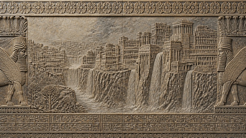 a cliffside city with waterfalls cascading into a misty canyon, wide establishing shot, no people, no text