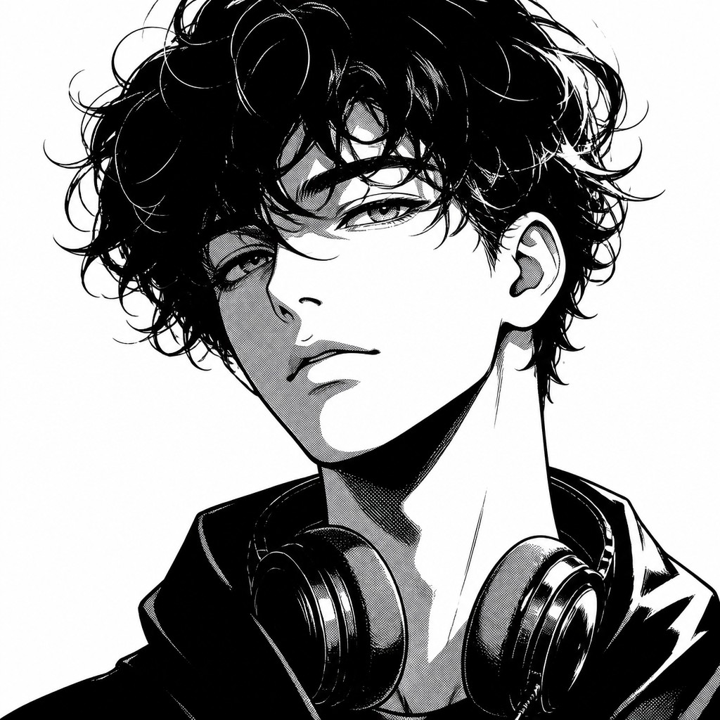 head-and-shoulders portrait of an original character: a young man with curly dark hair and headphones around his neck, plain backdrop, no text