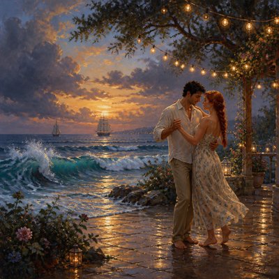 an original couple dancing under string lights in a garden at dusk: a man with short black hair in a linen shirt and a woman with braided red hair in a summer dress