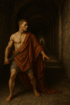 a painting of a man with a sword