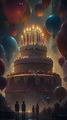 a birthday cake with lit candles surrounded by balloons and confetti, festive vertical composition, no text
