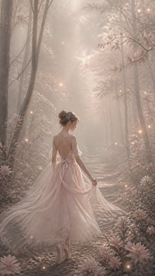 a mysterious forest path with fireflies and drifting mist, atmospheric vertical composition with open space at the top, no text