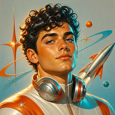 head-and-shoulders portrait of an original character: a young man with curly dark hair and headphones around his neck, plain backdrop, no text