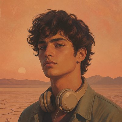head-and-shoulders portrait of an original character: a young man with curly dark hair and headphones around his neck, plain backdrop, no text