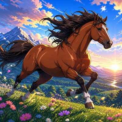 a galloping horse with flowing mane, side view