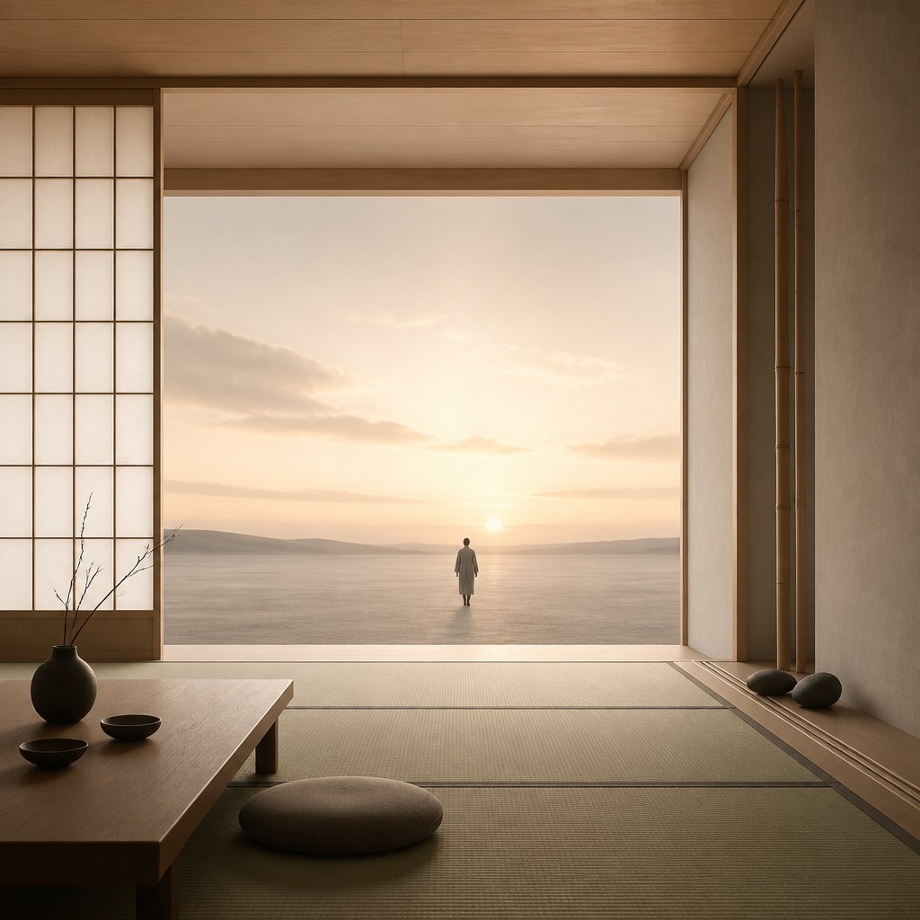 a solitary figure walking toward a glowing horizon across an empty plain, moody atmosphere, no text or lettering