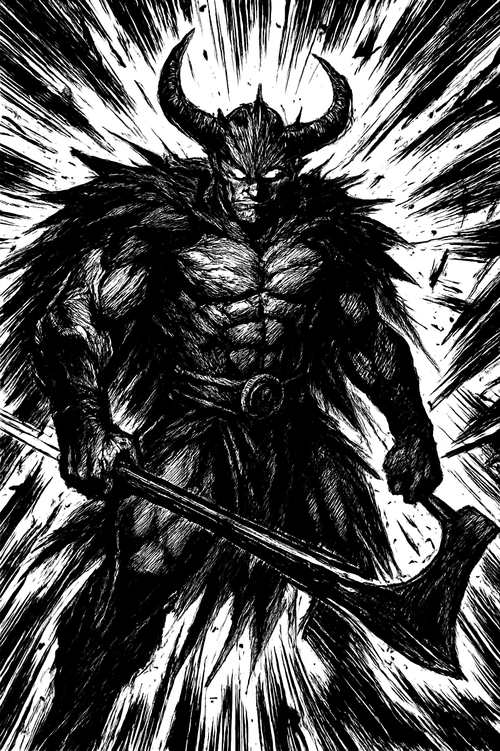 a black and white drawing of a demon
