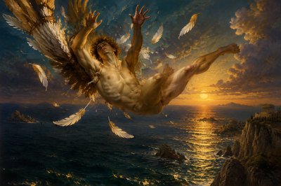 greek mythology story of the ignudi Icarus falling  into the sea with feathers falling down