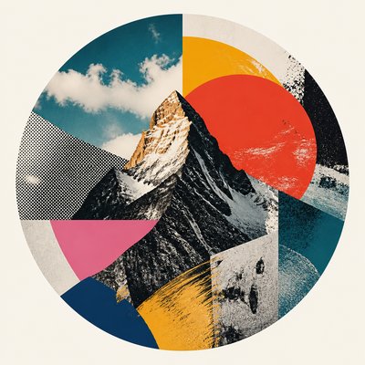 an emblem of a mountain peak inside a circle, simple bold shapes on a plain background, no text or lettering